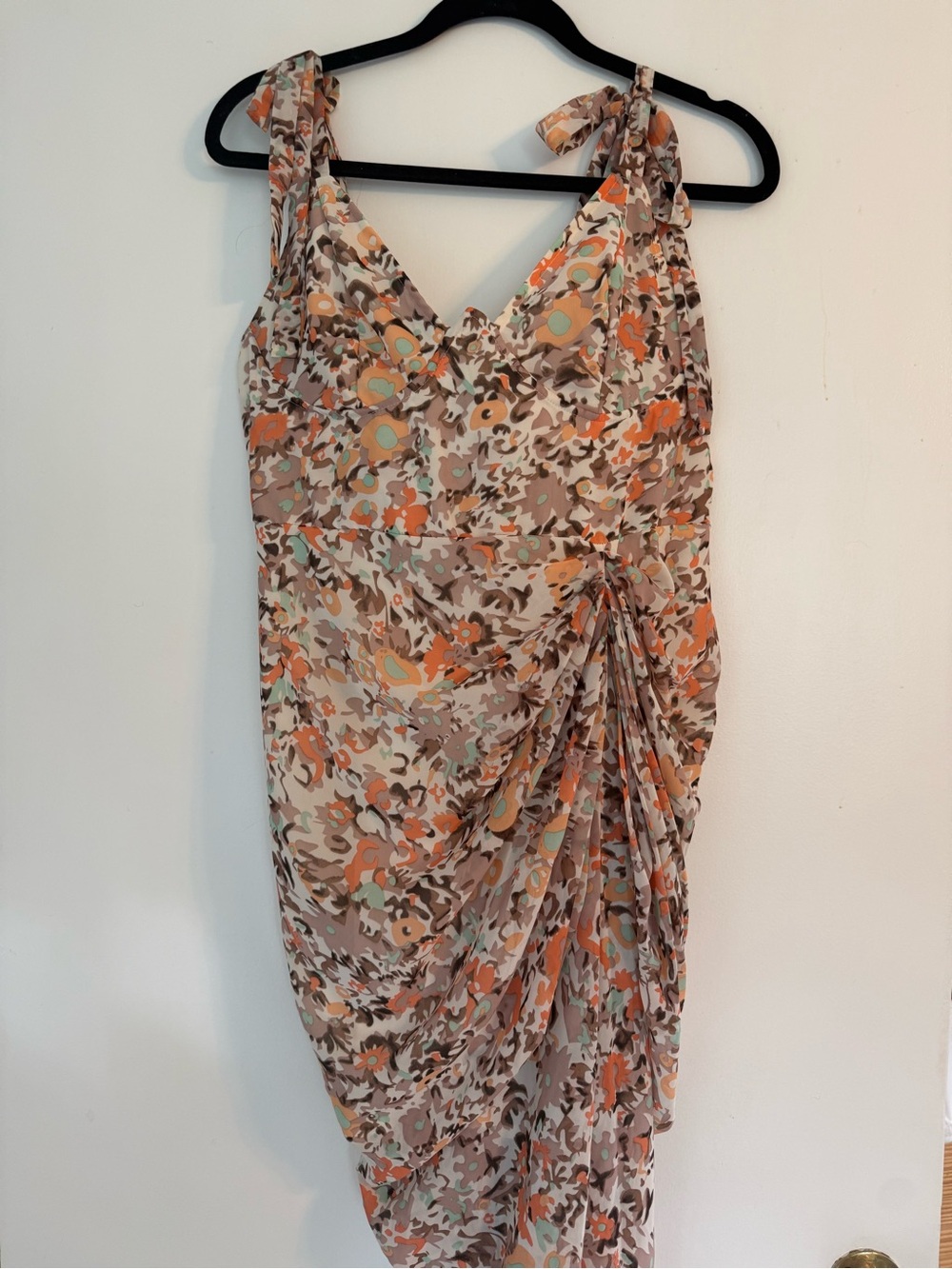 PrettyLittleThing Floral Tie-Shoulder Midi Dress in Beige, Orange & Mint